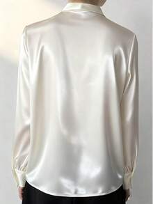 White Blouse Women Spring & Autumn Long Sleeve Office Shirt, Elegant Bow Decor Chiffon Flowy Top