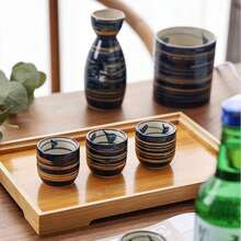 Juego de 5 vasos de sake japoneses tradicionales japoneses con dise?o pintado a mano de porcelana, cerámica, vasos de vino (azul sabio, 200 ml) - negro - Ver 2