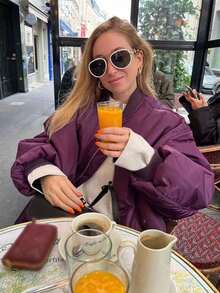 女式紫色飞行员夹克，前拉链口袋，长袖休闲保暖外套，适合秋冬 - 紫色 - 查看 10