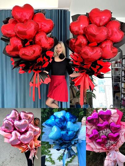10pcs 18-Inch Heart Shaped Foil Balloons, Red, Blue, Magenta, Pink, DIY Heart Balloon Bouquet Suitable For Birthday Party, Wedding Proposal, Anniversary, Valentine's Day Decoration