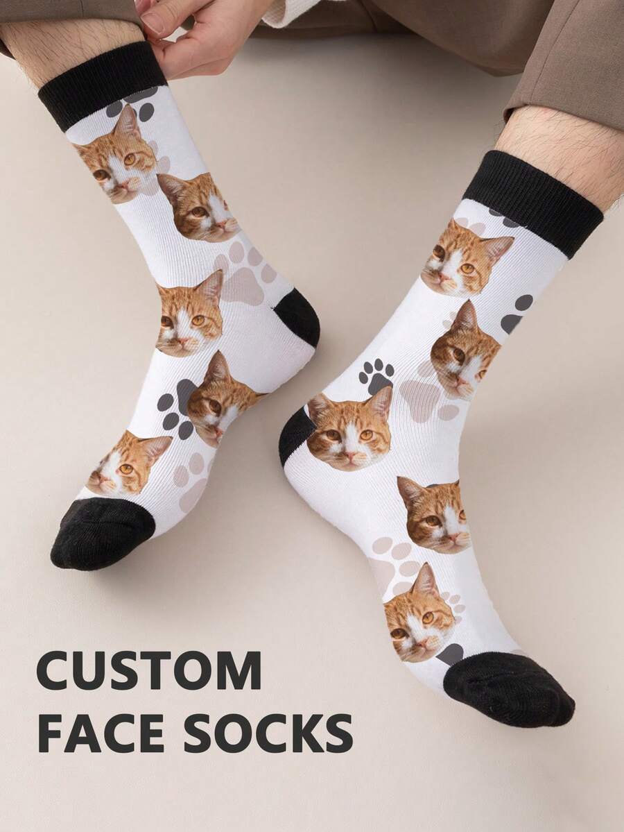 Face Socks 1 Pair Customized Face Printed Mid-Calf Socks For Women, Personalized Photo Socks, Funny Customized Image Paired With Mid-Length Socks, Suitable For Valentine's Day, Birthday, Gifts And Other Occasions, Personalized Customization