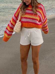 Women's Fashionable Color Block Long Sleeve Contrast Striped Christmas Crew Neck Drop Shoulder Pullover Oversize Top Knit Fall Winter Sweater - Multicolor - View 6