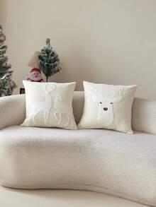 1 buc. Față de pernă brodată 3D din catifea reiată cu model de cerb înzăpezit de Crăciun, decor de casă potrivit pentru sufragerie, dormitor, petrecere, canapea, mașină și diverse medii, toamnă/iarnă - Multicolor - Vizualizare 2