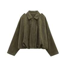Women's Casual Solid Color Front Zipper Pocket Jacket, Single-Breasted Loose Fit Short Jacket With Metal Buttons, Spring/Autumn Style, Military Brown And Army Green - Green - View 4