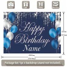 可定制姓名和生日主题背景幕布，蓝色背景饰以气球和闪亮钻石，是生日派对蛋糕桌装饰、摄影横幅道具、乙烯基材质和旅行收纳包的理想之选。 - 藍色 - 查看 7