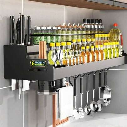 StyleTribe Estante para condimentos de doble capa, Estante de almacenamiento para especias de cocina montado en la pared, para montaje en pared, con gancho para utensilios de cocina, fácil de montar, ahorra espacio, con barra para toallas, 8 ganchos, 4 ranuras para cuchillos, 2 soportes para palillosapto para cocinas, negro