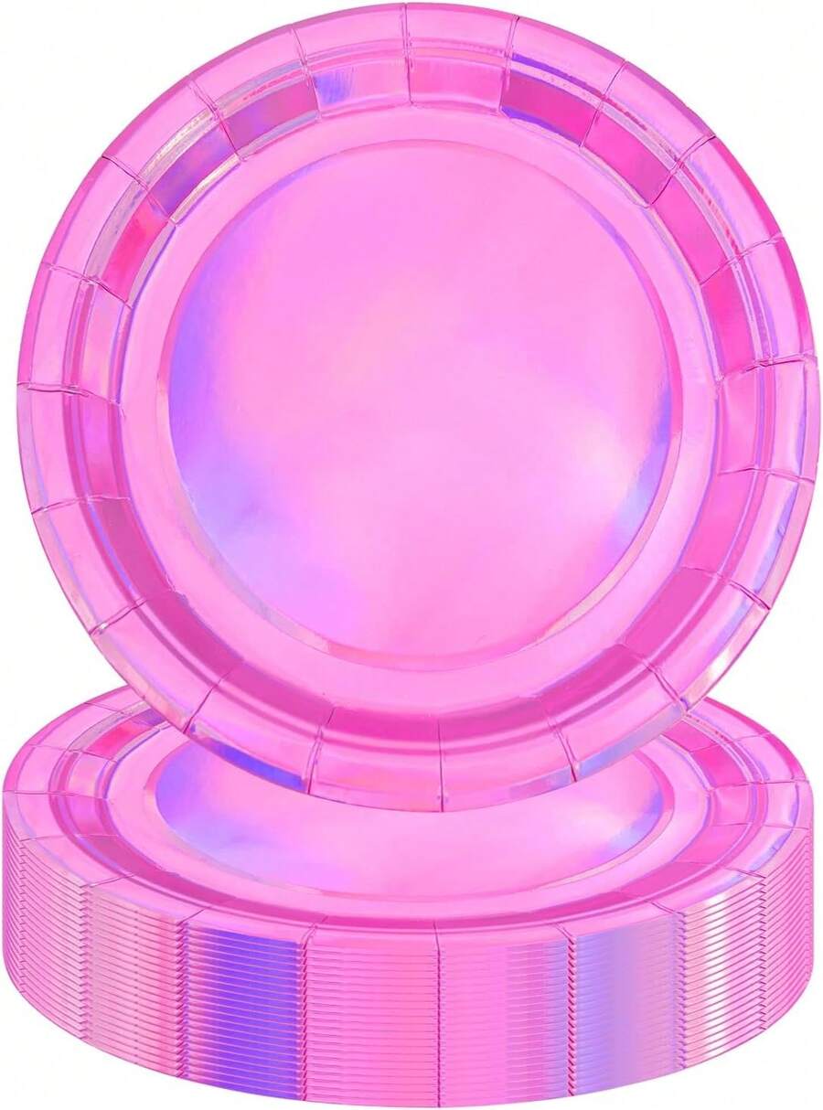 50PCS Iridescent Party Paper Plates, 7 Inch Holographic Dessert Plates Sparkling Rainbow Party Supplies Dration For Mermaid Birthday Wedding Parties (Iridescent),25837426 - 玫瑰紅 - 查看 1