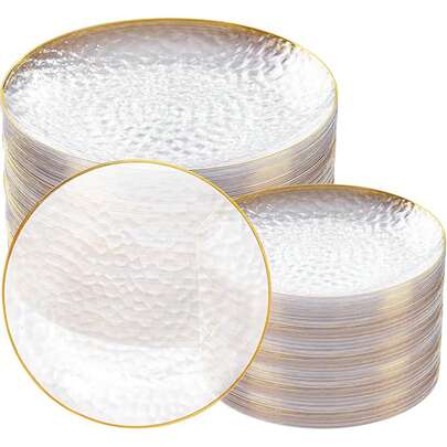 50/25/20/10/5/1pcs Transparent Hammered Gold Rim Plates, Salad Plates, Cake Plates, Fruit Plates, Dessert Plates, Dinner Plates, 10.25 Inch And 7.5 Inch Plates, Suitable For Holiday Gifts, Family Gatherings, Parties, Outdoor, Weddings, Restaurants, Kitchen