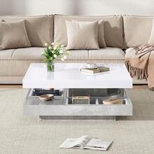 Functional Coffee Table With High-Gloss Surface, Living Room Table, 360° Rotating 2-Tier Table With Storage Drawer, White Lounge Table, Black Frame 70*70*36 - Marble + White + Particle Board - View 3