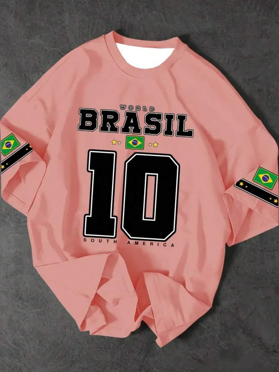 Women's Stylish Printed T-Shirt Brazil 10 Launch 100% Cotton T-Shirt Loose Oversized Plus Size T-Shirt - 淺粉色 - 查看 1