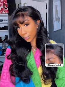 13x4 Lace Front Wig, Women's Wavy Curly Wig With Bangs, Lightweight And Natural Looking, Side Part, Pre-Styled, Pre-Cut, Pre-Plucked, Pre-Bleached, 100% Human Hair, Transparent Lace, Unice Hair - SNatural - View 2