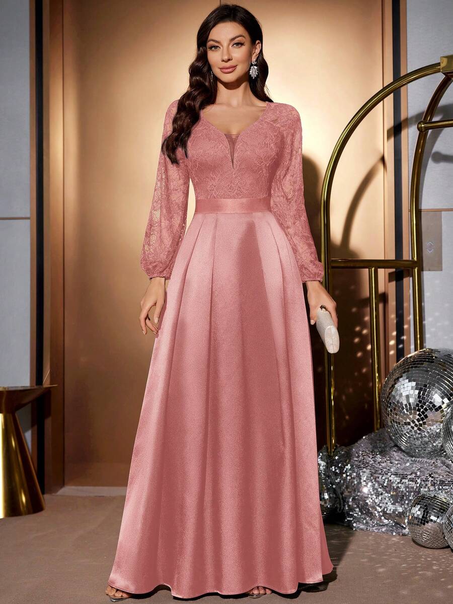 MIUSOL Đầm dạ hội maxi cổ chữ V sâu, ren hoa, phối màu tương phản, chất liệu satin, tay phồng. - Bụi hồng - Xem 1