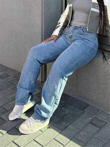 Women's Solid Color Simple Casual Straight Leg Jeans - Rửa trung bình - Xem 4