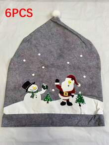 1/4/6 Pcs Christmas Gray Printed Chair Cover, Old Man Snowman Non-Woven Chair Cover Christmas Hat, Holiday Party Cartoon Home Chair Cover, Christmas Decoration Supplies