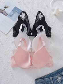3pcs Comfortable Front Closure Bras With Lace Decor, Fashionable Design Suitable For Daily Wear, Perfect Fit And Support In Various Sizes - Multicolor - View 2