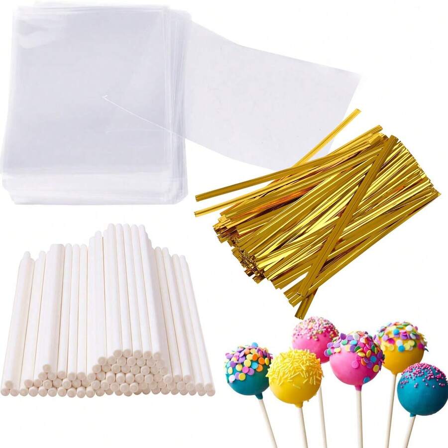 Bộ dụng cụ làm kẹo mút hình bánh pop 300 chiếc, bao gồm 100 que kẹo, 100 túi đựng kẹo và 100 dây buộc, dùng để làm kẹo và sô cô la. - Nhiều màu - Xem 1