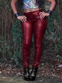 Red PU Leather Women's Skinny Pants Long With Button Pocket Zipper Details Plain Pattern Non-Stretch Fabric For Casual And Party Style - 紅色 - 查看 3