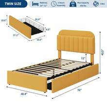 Twin/Twin XL/Full/Queen Size Platform Bed Frame With Storage Headboard & 2 Drawers, Upholstered Cute Platform Bed With Bookcase, Sturdy Wooden Slats Support, No Box Spring Needed, Noise Free - 黃色雙胞胎 - 查看 2