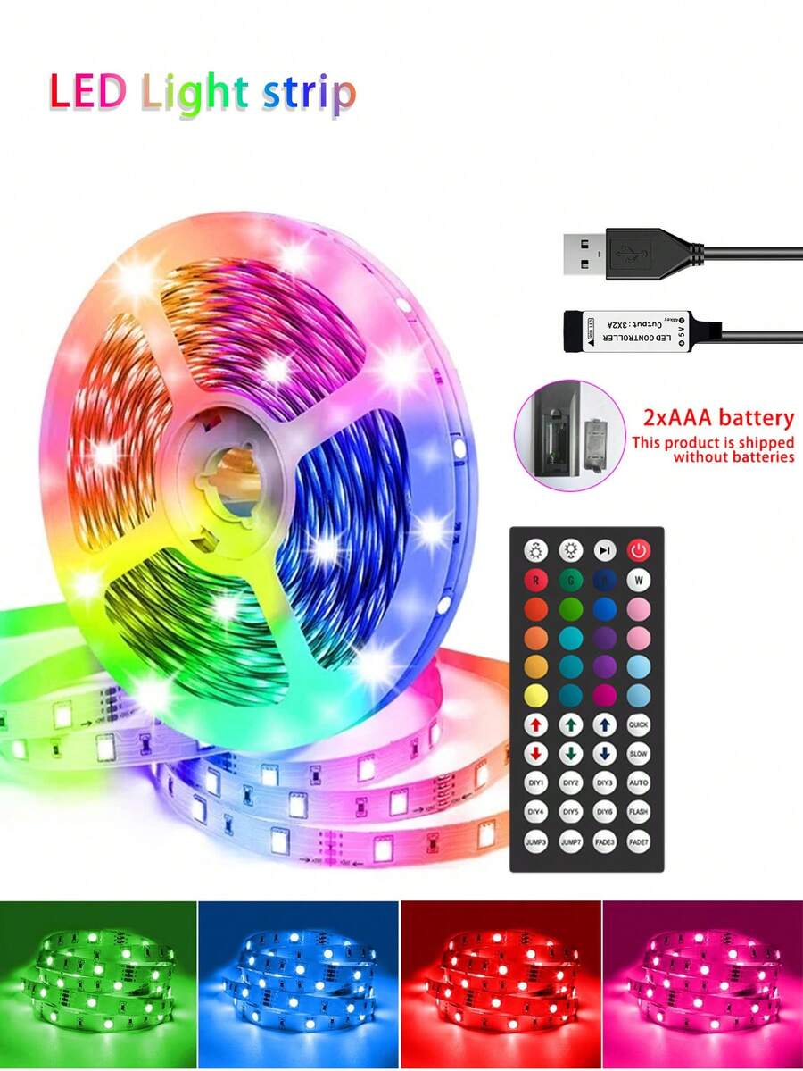 RGB LED灯带，5V USB供电，带44键遥控器 - 可调节颜色氛围照明，适用于卧室、电视背光、游戏室、万圣节/圣诞节装饰 - [长度可选：3英尺至49.2英尺]
