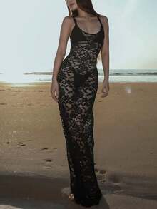 Women's Sleeveless Sheer Lace Maxi Dress, Bodycon Sexy Clubwear Party - Black - View 1