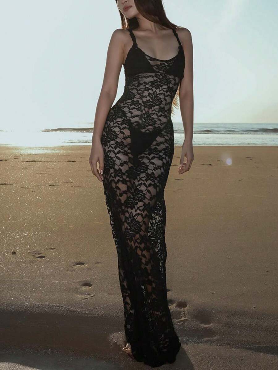 Women's Sleeveless Sheer Lace Maxi Dress, Bodycon Sexy Clubwear Party - Black - View 1