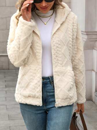 Regular Style Solid Color Diamond Plush Zip Pocket Casual Wear, Autumn/Winter