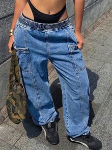Women's Mid Waist Washed Blue Elastic Waistband, Multi Pocket Work Pants, Denim Pants - 中等水洗藍 - 查看 6