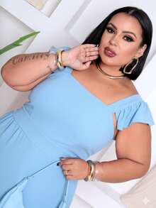 Vestido Curto Plus Size Tecido Duna com Babado na Alça e Elástico nas Costas Forrado GG G2 - Azul - Visão 2