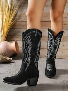 Women's New Solid Color Fashion Versatile Slip-On Wedge Heel Embroidered Wing High Boots, - Black - View 3