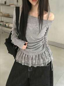 女士蕾丝拼接露肩长袖T恤，独特修身抽绳上衣，夏季
