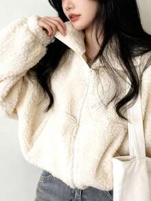 Women Elegant Zip Up Lamb Wool Short Jackets Coats Early Spring Fashion New Solid Chic Teddy Jacket Valentine's Day Outfit Couple Coat Spring To Summer Going Out Tops Gym Wear Casual Loose Fit Long Sleeved Spring Break Outfits Overcoats Female Street Outerwear Party Clothes - Apricot - View 9