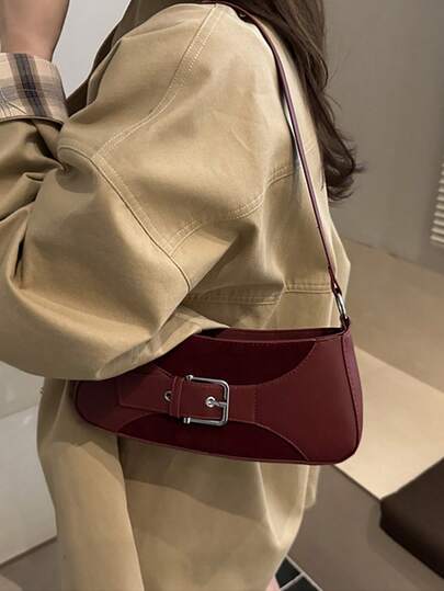 حقيبة كتف/متقاطعة نسائية ذات سحاب، ذات لون أحمر مع تصميم لوني مخطط من القماش المخملي، ديكور إبزيم، طراز عتيق، تصميم بسيط ومرتب، مناسبة للخريف والشتاء