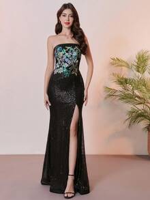 黑色优雅女士亮片无肩带长款舞会礼服，蕾丝亮片美人鱼晚宴派对礼服，饰有刺绣贴花和开衩，情人节 - 黑色 - 查看 2
