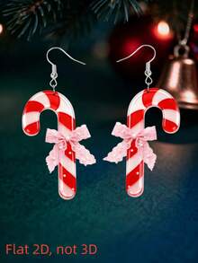 2D Snowman Pendant Earrings, Fashionable And Lightweight, Autumn/Winter Accessory, Suitable For Daily And Party Wear, Couple Earrings, Unique Gift For Family, Friends, Classmates On Halloween, Christmas - Christmas Cane - View 2