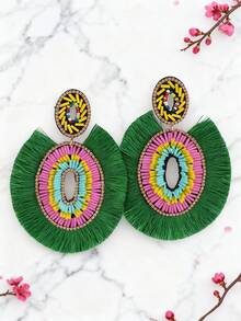 1 par de pendientes de mujer con borlas de forma elíptica de cuentas de vidrio hechas a mano