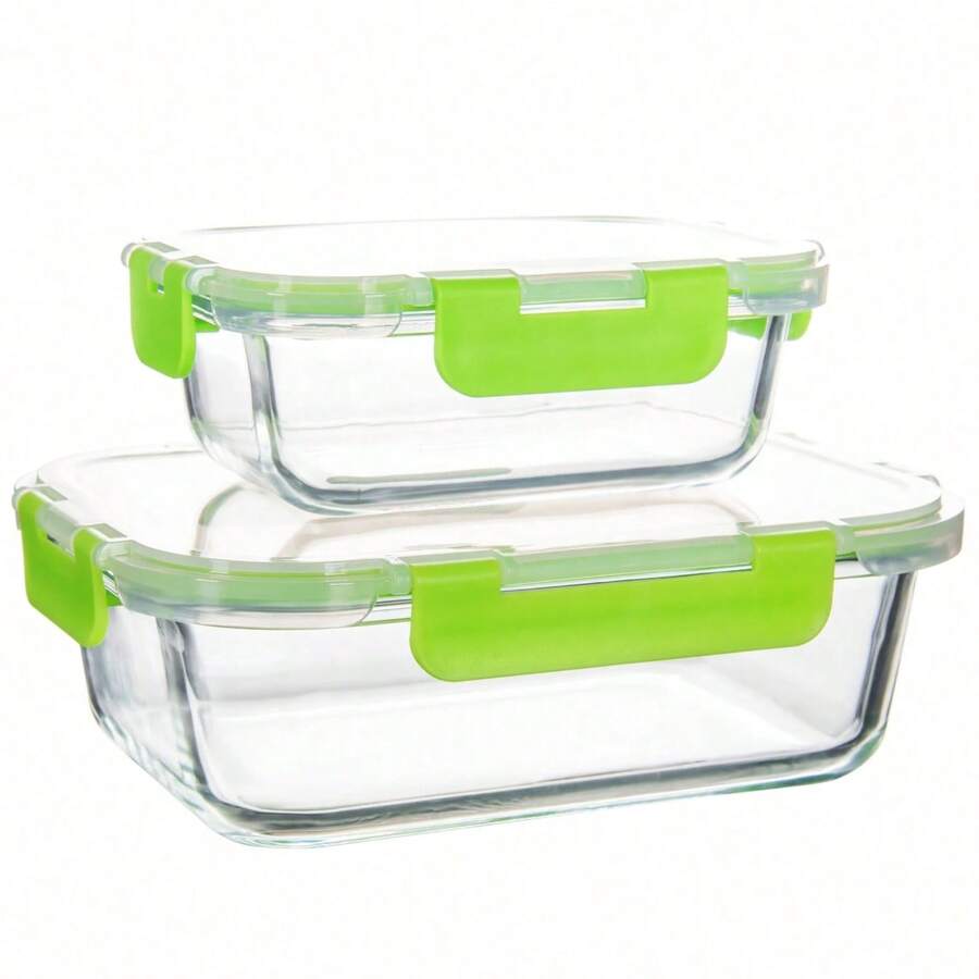 10/2pc Green Glass Food Storage Container Lid, Airtight Glass Meal Preparation Container, Reusable Food Container With Leak-Proof Latch Lid, Suitable For Leftovers, Takeout, Oven, Microwave, Refrigerator, Frozen Lunch Container - 綠色 2pcs - 查看 1