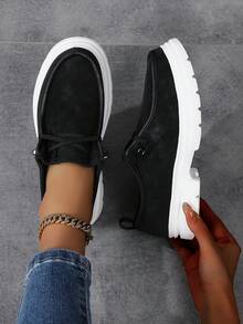 2025 New Minimalist Classic Women Shoes, Casual Comfortable Fashion Sneakers, Stylish High Street Slip-On Shoes With Elastic Band, Suede PU Leather, Suitable For All Seasons, Round Toe, PU Upper, EVA Sole, Fashionable & Versatile For Women, Students, Outdoor, Hiking, Street Wear, Lightweight & Durable - Black - View 3