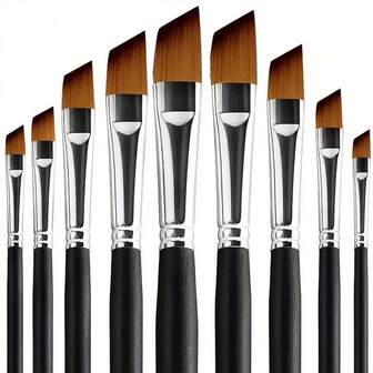 Amagic 9支装斜角平头美术画笔套装，带收纳盒 - 防掉毛合成尼龙材质，长柄 - 适用于水彩、丙烯、墨水、水粉、油画、蛋彩画等颜料