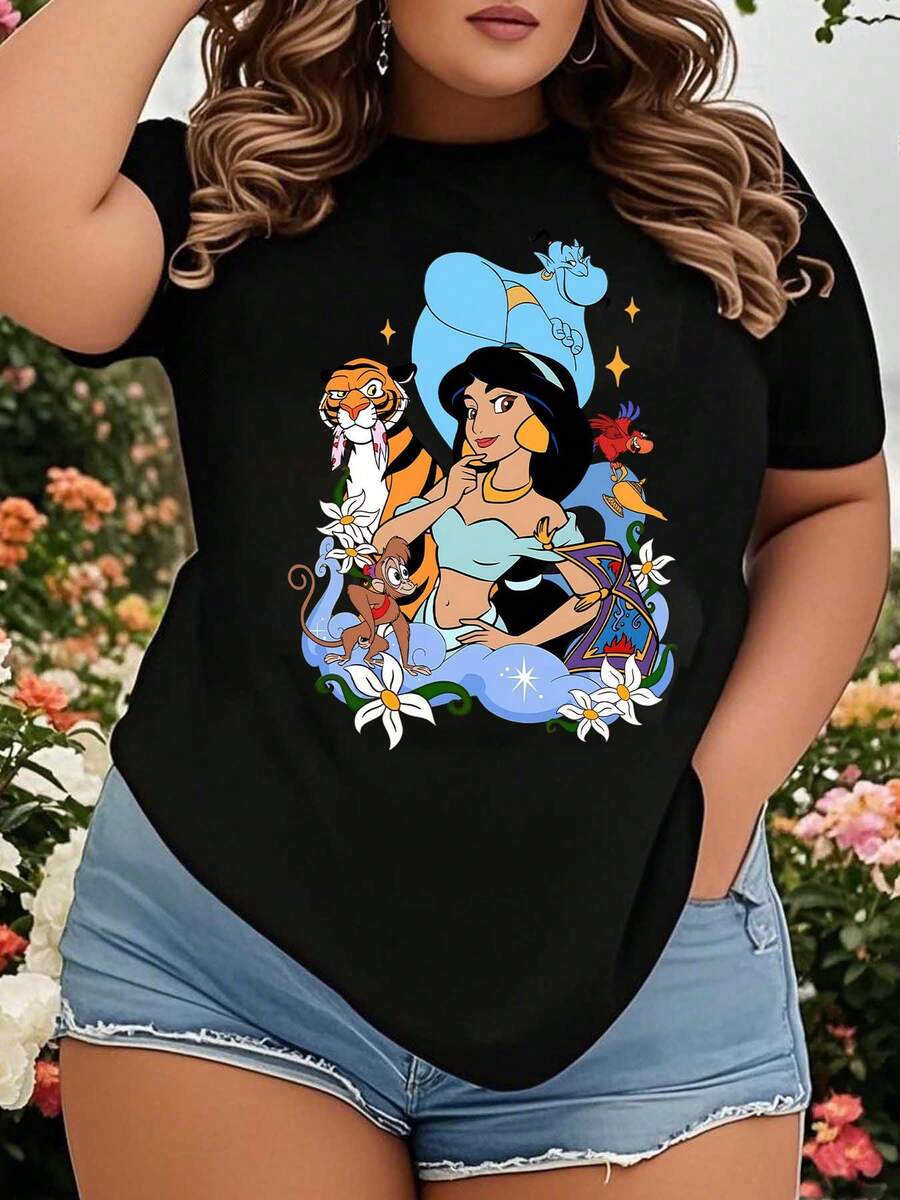 Jasmine Genie Magic Lamp T-Shirt  Princess Cartoon Character Women's Casual Plus Size Top Summer Outfit Graphic Tee For Fans Of Animated Movies And Halloween Costume - 黑色 - 查看 1