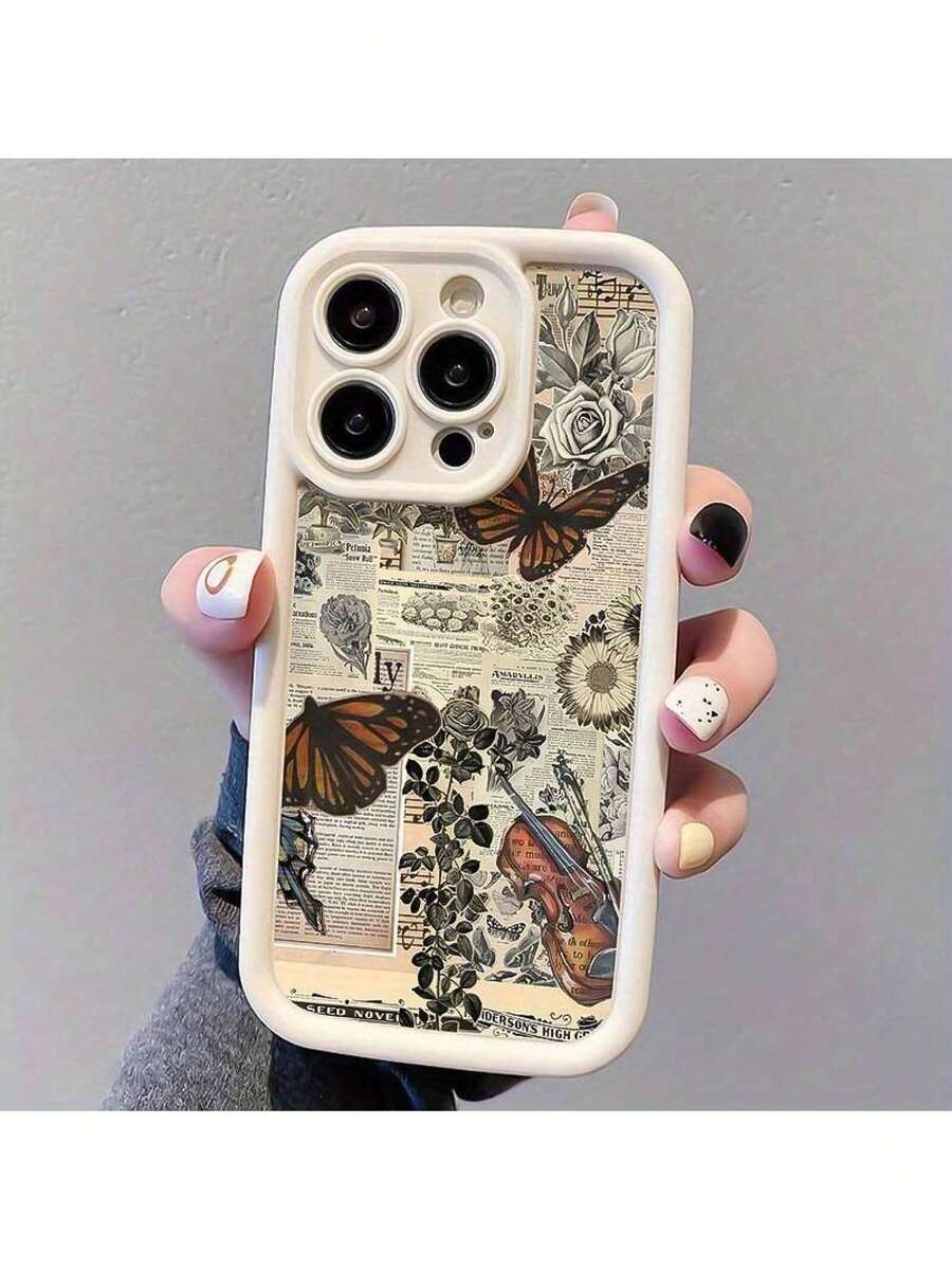 Una funda de TPU con estampado de periódico vintage que presenta una mariposa animal blanca antigua de bambú alto, diseñada para una protección completa y ajuste preciso para los modelos de Apple 6/7/8/X/Xs/Xr/Xs Max/11/12/13/14/15/16 Pro Max. Funda con impresión HD - Blanco antiguo - Ver 1