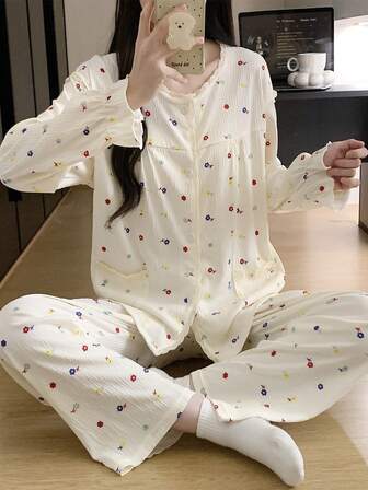 2 piezas Conjunto de pijamas holgados con estampado floral de albaricoque para mujer, adecuado para uso en casa, pijama de mujer de manga larga, adecuado para primavera, otoño e invierno