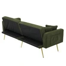 [Two-Seater Sofa Bed] - Modern Two-Seater Sofa With Adjustable Backrest + Gold Metal Legs, Integrated Bed Function. Multifunctional 2-In-1 Furniture. - Antique Green + Foam + 2 Seat - View 7