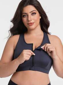 Reggiseno sportivo con chiusura lampo anteriore, aderente, adatto per yoga, corsa, allenamento, uso casual, attività all'aperto, minimalista, taglie forti per donne - Blu navy - Visualizzare 6