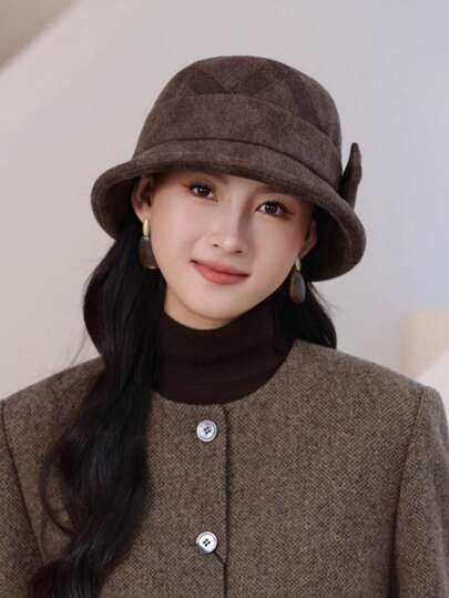 1pc Women's Autumn/Winter Bow Woolen Plaid Bucket Hat, Fashionable Elegant Retro Chic Versatile Bucket Hat, Warm Thick Face-Slimming Stylish Cap, Suitable For Daily Use Winter Gear