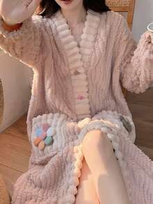 女士长袍，彩虹长袍，新款加大码冬季睡衣，优雅V领睡袍，保暖珊瑚绒长袍，粉绿相间，多色长袍，新款春冬女士家居服，长袖长袍，加厚长款天鹅绒浴袍家居服外套，春冬必备家居服，女士休闲连衣裙，新年礼物，情人节礼物，浴室装饰 - 彩色 - 查看 4