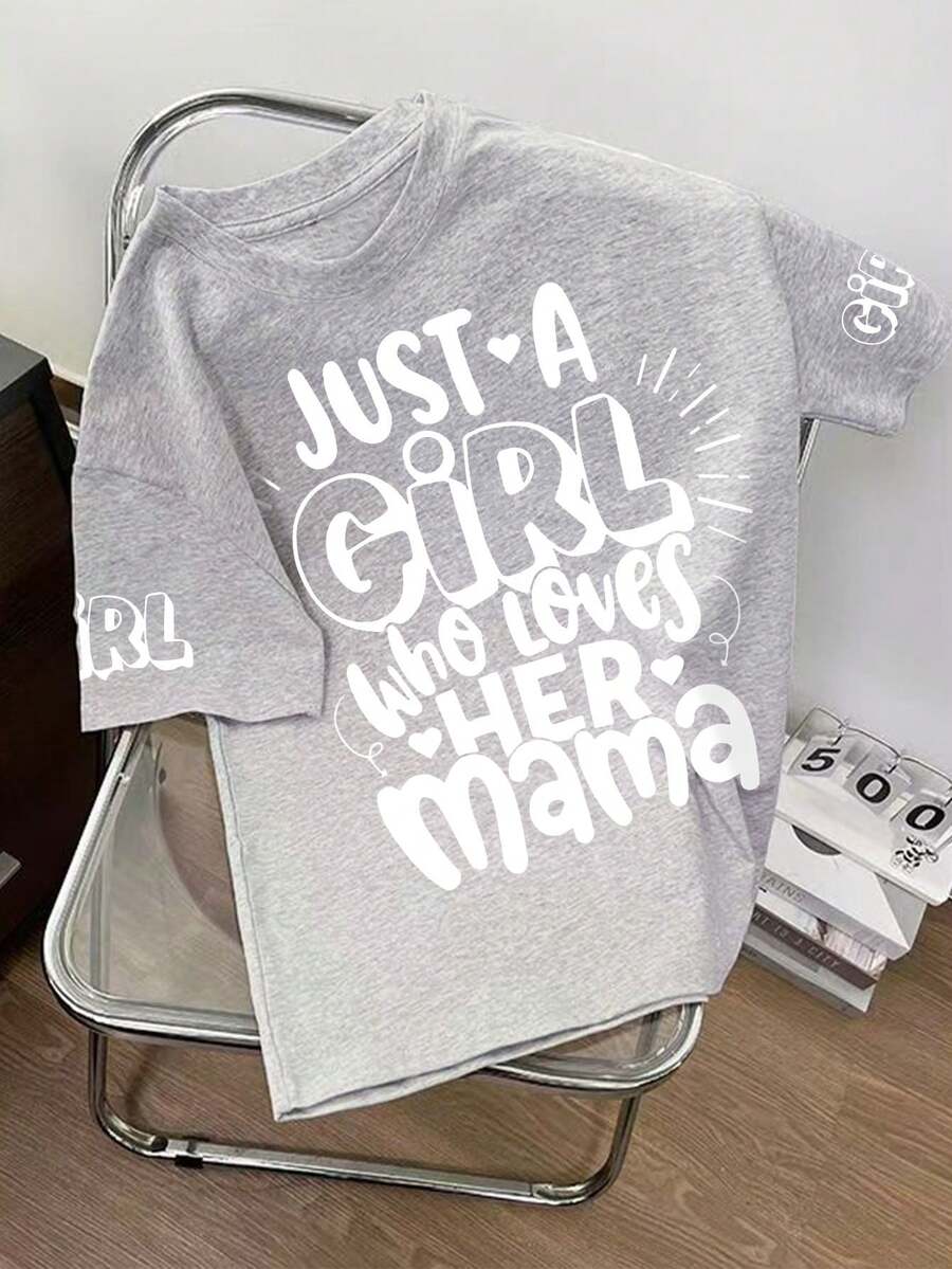 母亲节标语印花圆领T恤，休闲柔软夏季上衣，适合青少年女孩 - 灰色 - 查看 1