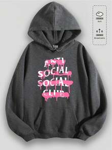 EWH Aged Washed Cotton Crew Neck 270g Double-Sided Printing Men's Hoodie With Soft And Breathable Fabric, With The Text "AN TI SO CIAL SOC IAL CL UB" In Pink Splatter Style Y2k,Soulja,Concert,Halloween,Gothic,Vintage,Streetwear Graphic,009-AB - Grey - View 3