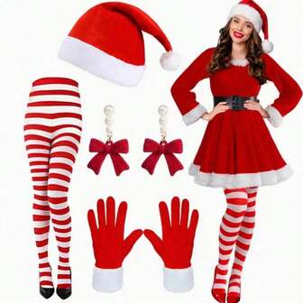 6-Piece Women's Holiday Christmas Costume Accessories Set Santa Hat + Striped Socks + Christmas Gloves + Bow Earrings Highly Elastic Premium Plush Fabric Feather-Free Design Soft And Comfortable Christmas Themed Accessories Great For Christmas Parties, Holiday Outfits, Holiday Gatherings And Winter Celebrations Perfect To Complement Women's Christmas Outfits