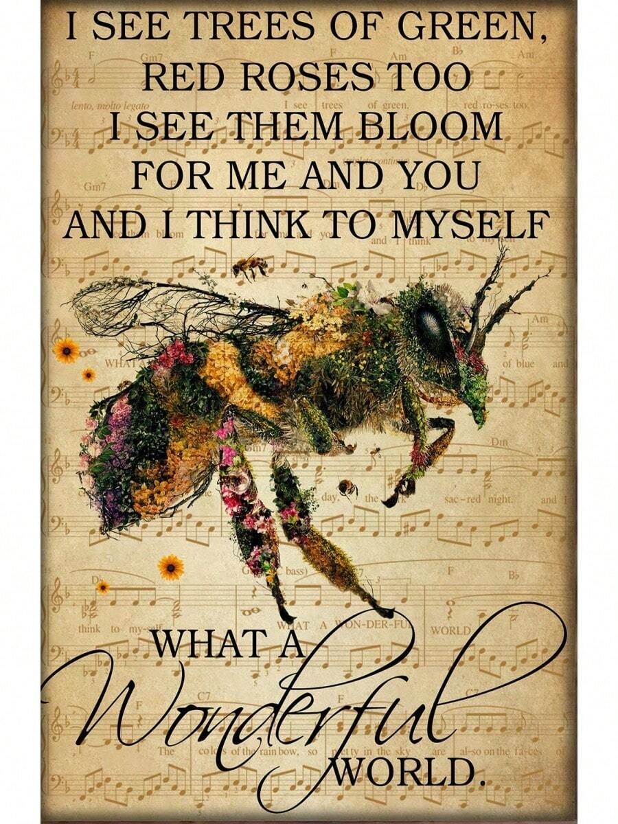 Home Cafe Garden Club Bar Garage Plaques Bee What A Wonderful World I See Trees Of Green Red Roses Lyrics Poster Bee Kind Living Home Décor Wall Art Poster  Wall Decoration - 黑色 - 查看 1