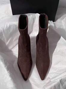 Brown One-Piece Ankle Boots With A Plain Temperament Short Boots For Women With High Heels 2025 Autumn And Winter New Versatile French Thin Heels Elastic Velvet Pointed Narrow Boots Metal Zipper At The Back - Brown - View 4